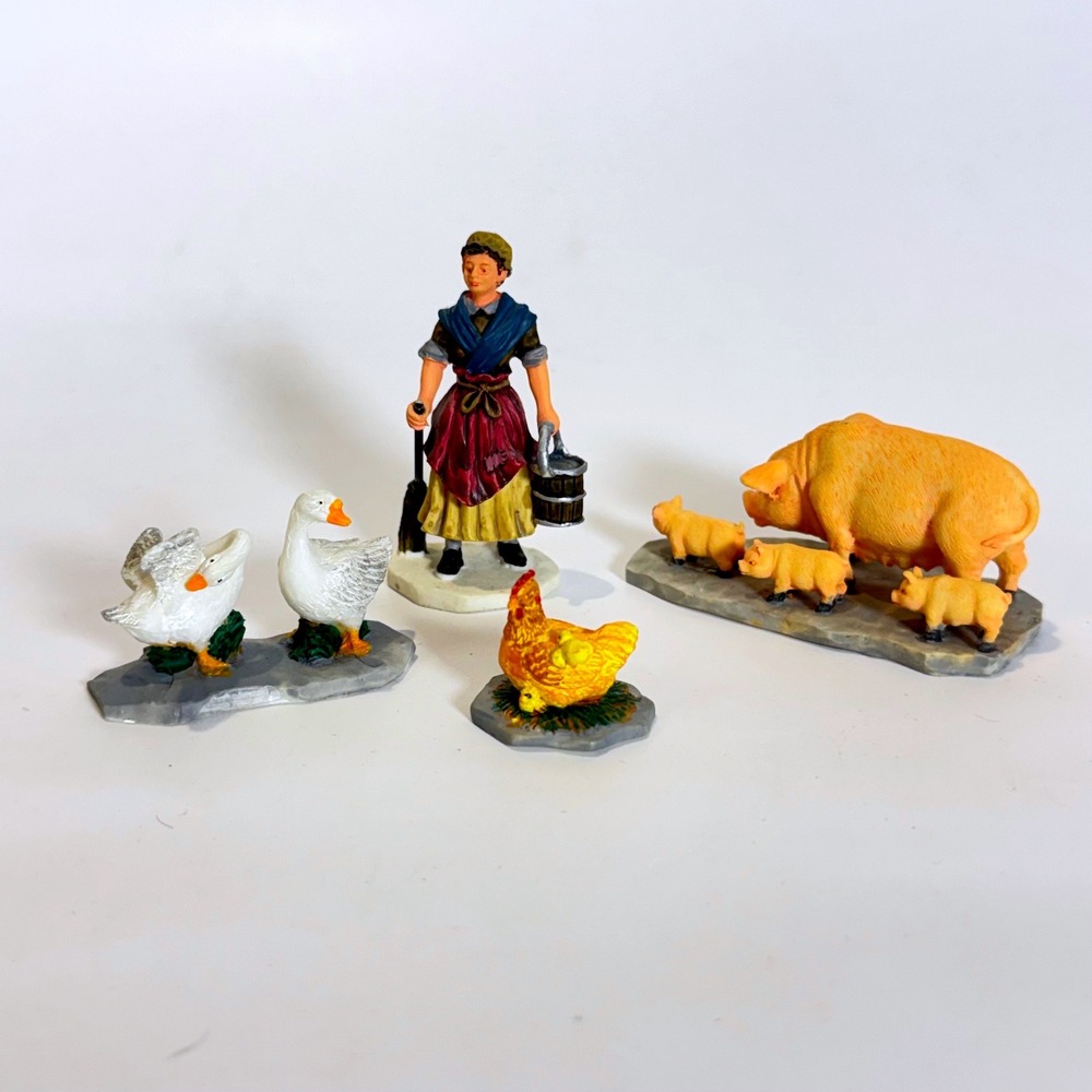 Lemax Village Collection Farm Figurines Milkmaid Pigs Geese Hen 4 Piece Set 90's